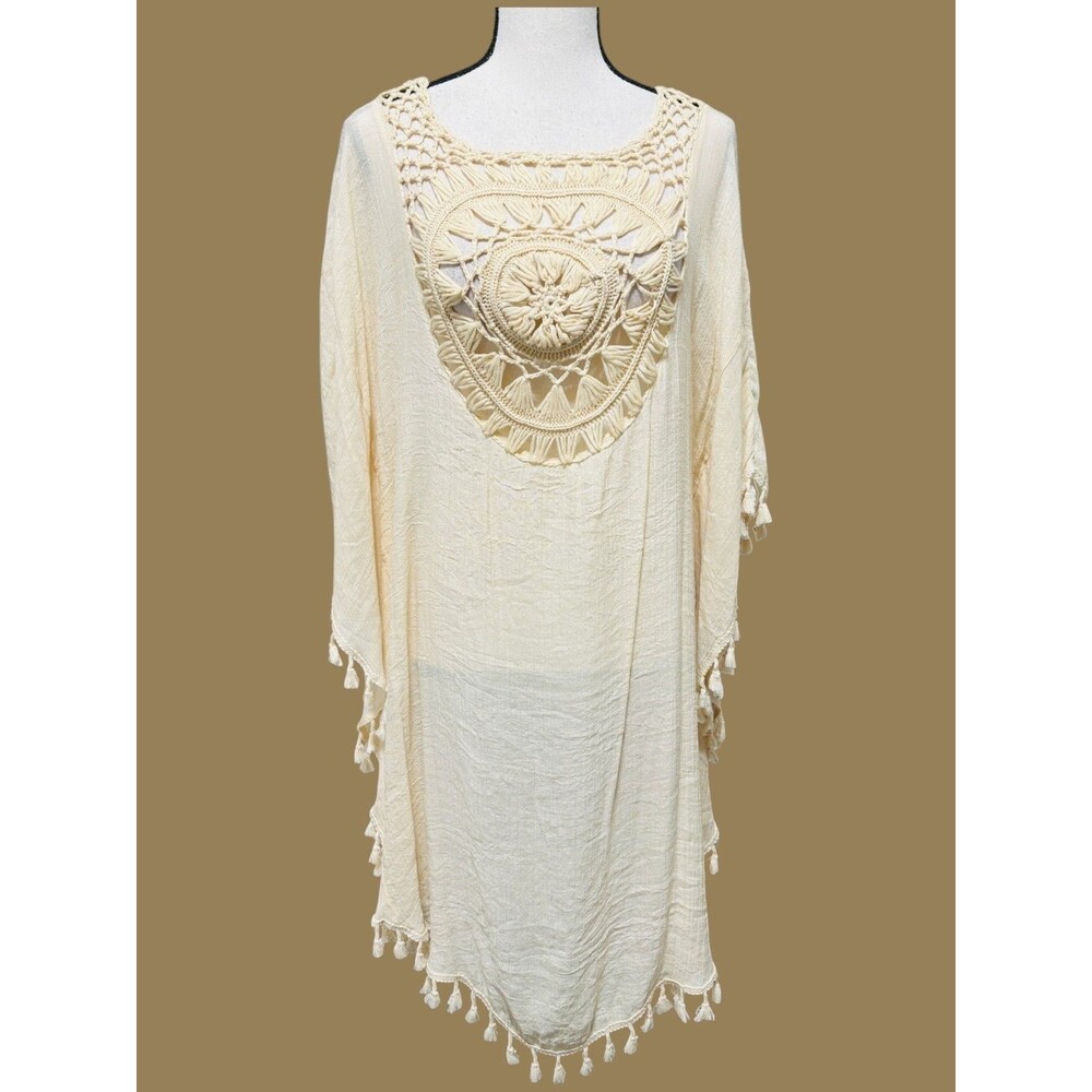 Bohemian Creamy Beige Kaftan/Beach Coverup Crocheted Medallion Tasseled Hem
